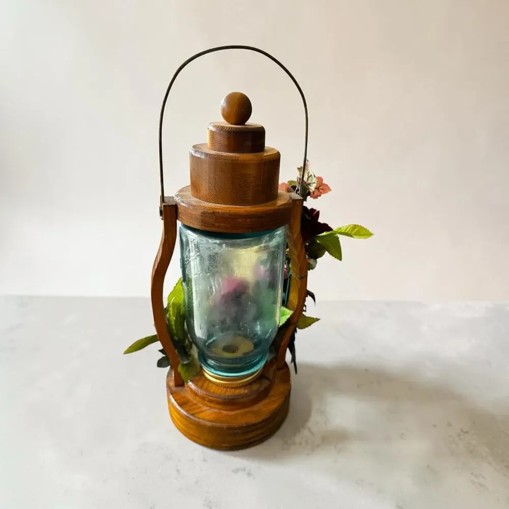 Vintage Handmade Wood Candle Lantern Aqua Perfect Mason Jar Silk Flowers